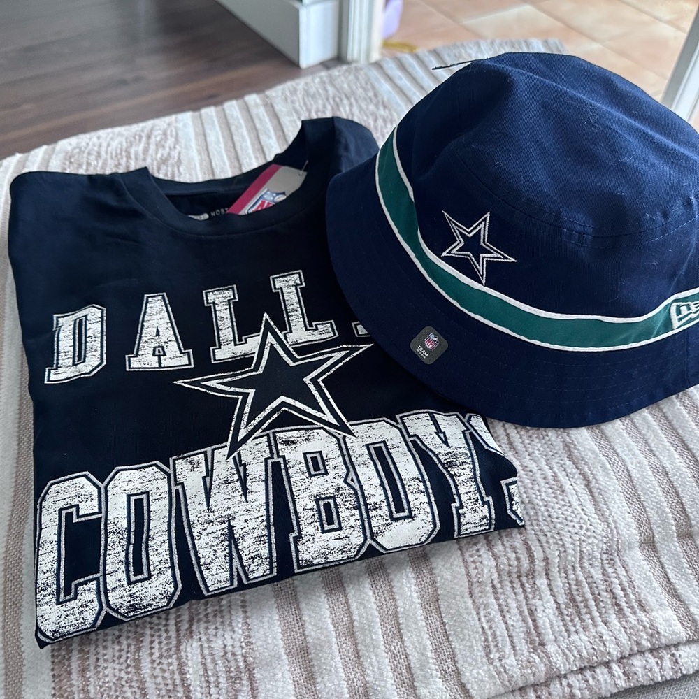 Dallas Cowboys T-Shirt & Bucket Camo Hat Set Unisex NFL Apparel Navy Football
